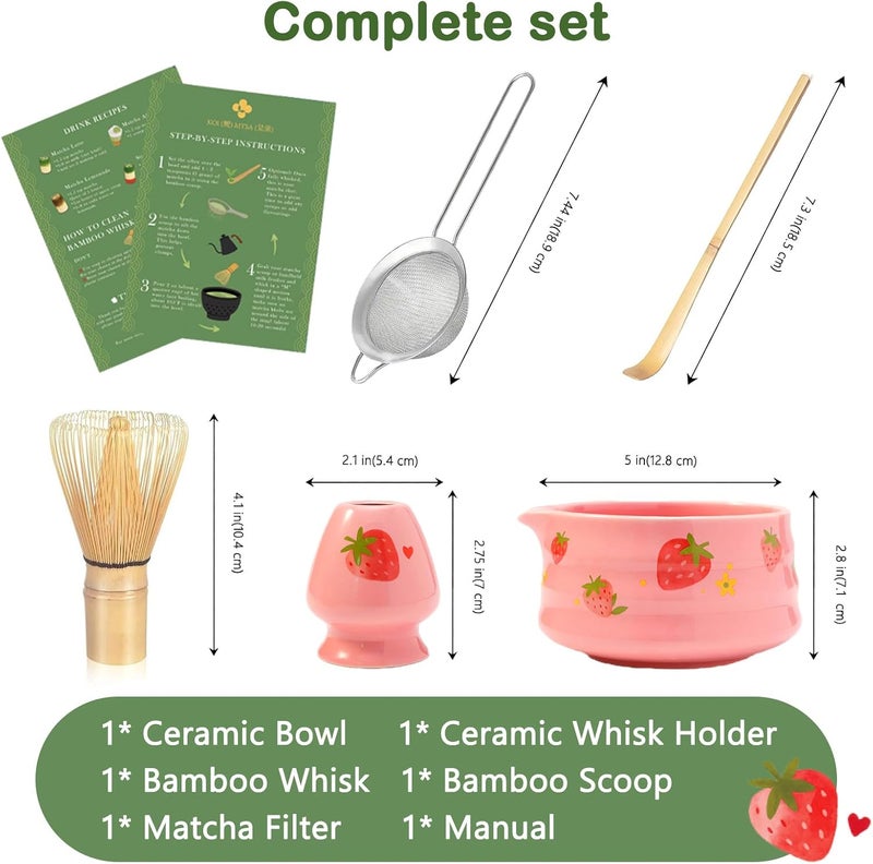 KOIMYSA Pink Strawberry Matcha Set Whisk And Ceremony Bowl, 5 Pcs Ceramic Traditional Matcha Making Kit Gift Set For Women Friends Tea Lover - Image 2